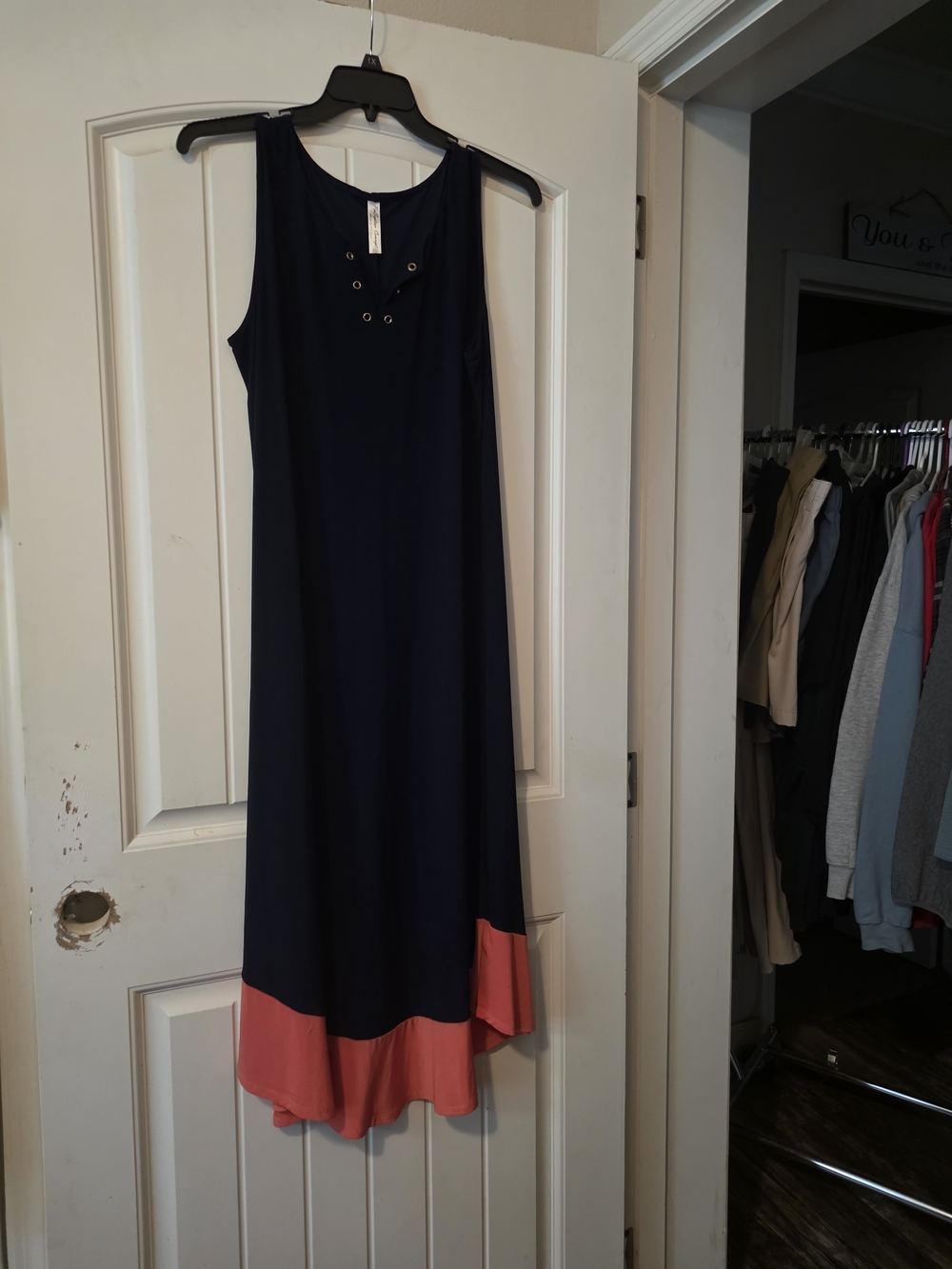 Sleeveless Navy Maxi Dress with Coral Contrast Hem